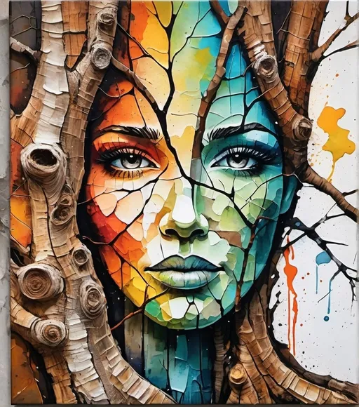 Prompt: a highly detailed abstract woman face, abstract oil painting of an old tree trunk with roots and branches, with cracked bark, rusted metal pieces, mixed media textured background, vivid colors, watercolor splashes, paper texture