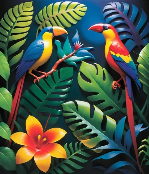 Prompt: Create a luminogram that bursts with the colors of a tropical rainforest. Detail light patterns to form lush foliage, exotic flowers, and vibrant birds, using a spectrum of greens, reds, yellows, and blues to capture the lively and diverse ecosystem