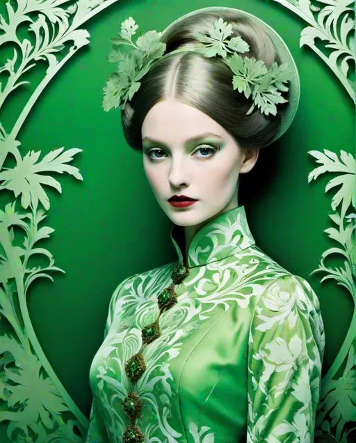 Prompt: Style by Dina Wakley, Omar Galliani, Florence Broadhurst, Erwin Blumenfeld, Jack Davison, Mary Cassatt, Beatriz Milhazes, Aubrey Beardsley: The beautiful ghostly girl, android with molten filigree green leaves damask ornamental pattern, fauna and androids are become one unit, biotechnical, art nouveau