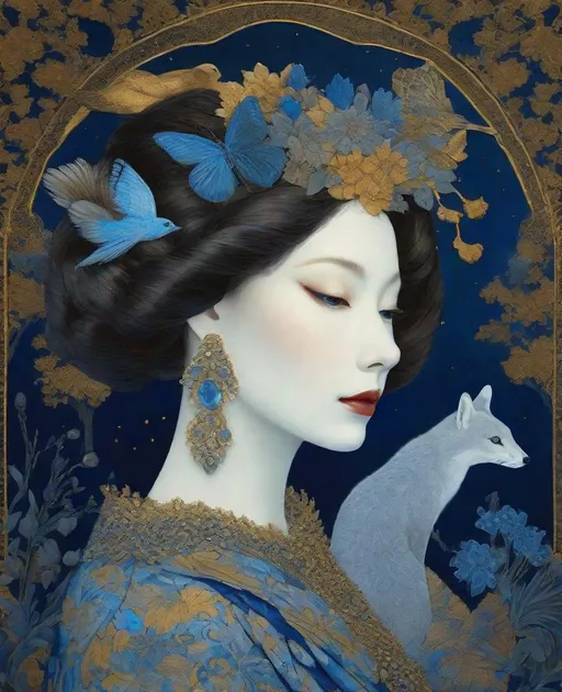 Prompt: She is a mysterious Lady of the moonlight night surrounded by animals style of Erik Madigan Heck, Nicholas Hughes, Nicholas Hilliard, Daarken. 3/4 body portrait, Cold Chrome colors tone, Extremely detailed, intricate, beautiful, 3d, high definition