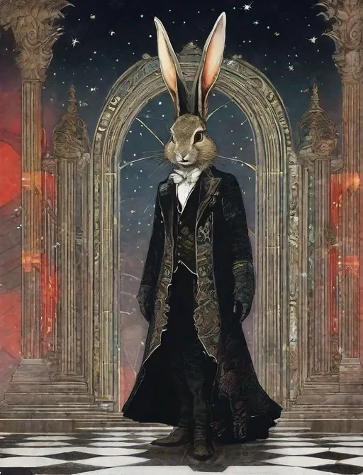 Prompt: by gustave dore, anthropomorphic rabbit trickster god, scifi, constellations, jackalope avatar, autochrome, ukiyoe, dandy fashion, frock coat, watercolor, ominous painting by john atkinson grimshaw, by kay nielsen, octane render, religious iconography, big ruffled collar, intricate, menacing grin, digital painting, little nightmares, reaper, black wings, scythe, death, detailed face, detailed, artstation, concept art, amano, digital art