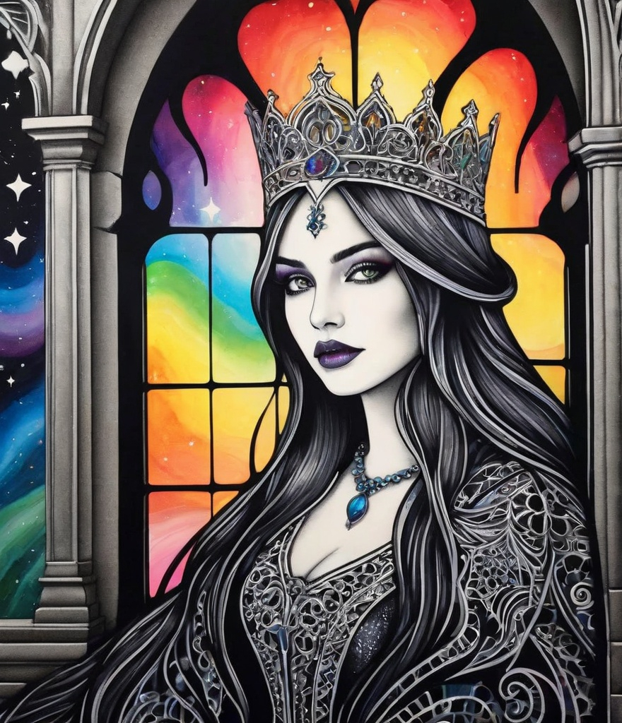 Prompt: a zentangle ferrotype portrait of In a gothic galaxy castle a vampire gazes through a window at the ethereal magic layers swirling in the vivid rainbow solar night in the style of Melanie Delon,  Victoria Francés, Rebeca Saray, Lin Fengmian, Anna dittmann, Justin Gaffrey, Michael Creese