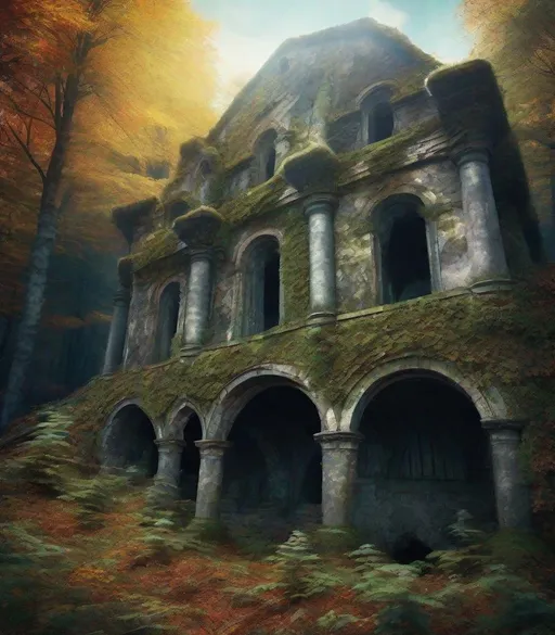 Prompt: medieval grunge fantastic surreal colored magical beasts hiding in the black forrest,old Ruins,photorealistic picture