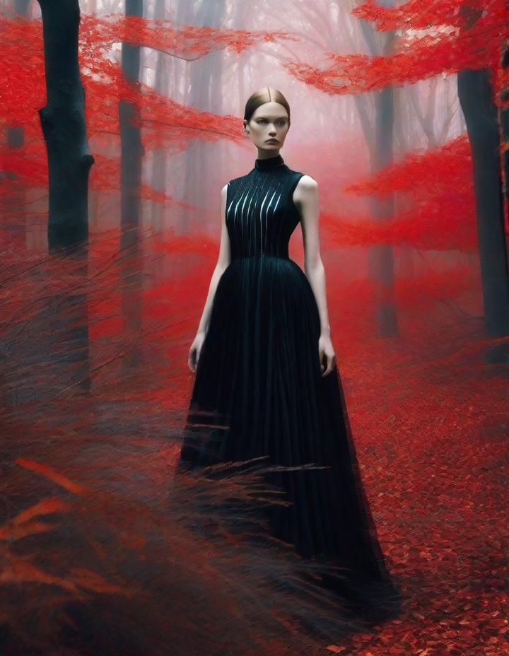 Prompt: A beautiful young lady, beautiful face, wearing opalescent black dress in a ghostly forest of white stem trees with red leaves, god rays through the tees, rim lighting, art by Mario Sorrenti,  Yves Saint-Laurent, Paolo Roversi, Thomas Edwin Mostyn, Hiro isono, James Wilson Morrice, Axel Scheffler, Gerhard Richter, pol Ledent, Robert Ryman. Guache Impasto and volumetric lighting. 3/4 portrait, Mixed media, elegant, intricate, beautiful, award winning, fantastic view, 4K 3D, high definition, hdr, focused, iridescent watercolor and ink