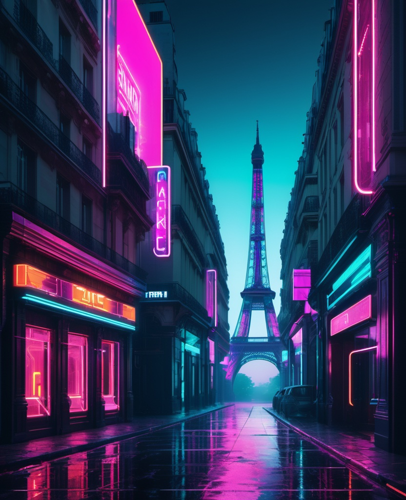 Prompt: A futuristic vision of Paris transformed with neon lights and historical architecture, reimagined in a cyberpunk style with the influence of constructivist glitch art. Blending past and future with digital abstraction.  