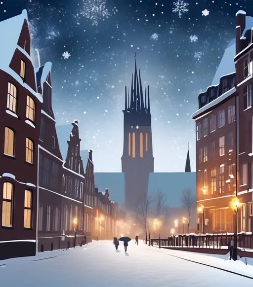 Prompt: background for a flyer with solstice lights, snow, utrecht dom tower off in the distance, starry moonlit night, diverse and friendly european robins and big snowflakes, maybe a little atmospheric fog 