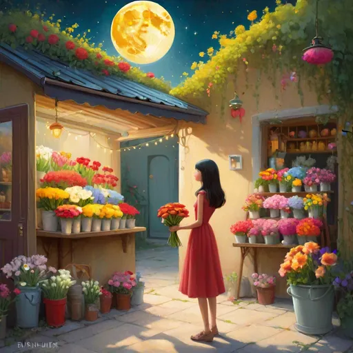 Prompt: cartoon illustration of girl buying flowers in a flower shop garage sale, with moon decor in the background, in the style of duy huynh, arch frame, uhd image, yanjun cheng, edwin lord weeks, dark yellow and light red, dreamscape portraiture, colorful gardens