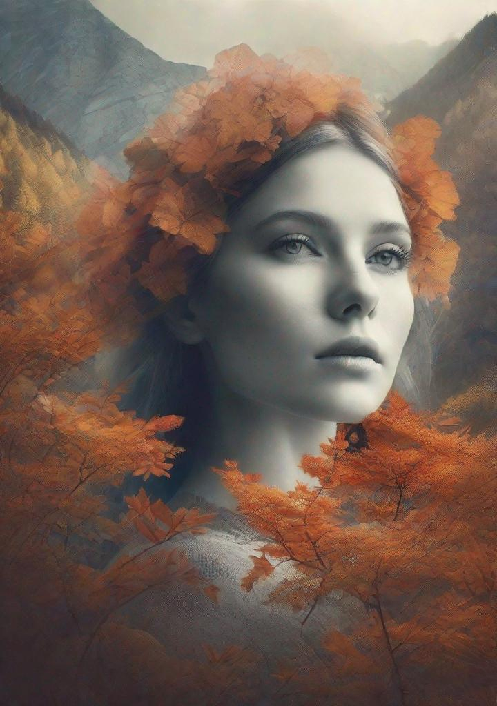 Prompt: Single image, double body exposure: The Very Beautiful dreamy lady, with beautiful face, her body is an eerie landscape, a mountain with autumn flowers art by Anka Zhuravleva, Antonio mora, Sandy Welch, Jane Small, Aliza Razell, Eduard Veith, Joel Robison, Mikhail Vrubel, Ferdinand Hodler, Christoffer Relander, William Timlin, Charles Rennie Mackintosh, John Lowrie Morrison, Sidney Nolan. 3d, Volumetric lighting, mixed media, Best quality, crisp quality, optical illusion.