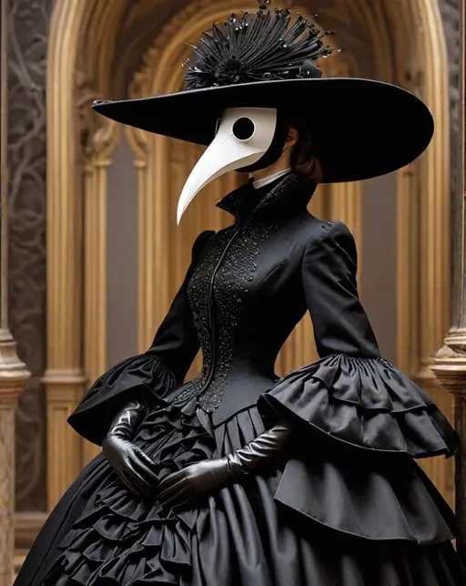 Prompt: sartorial plague doctor and lush crinoline schiaparelli's haute couture confusion