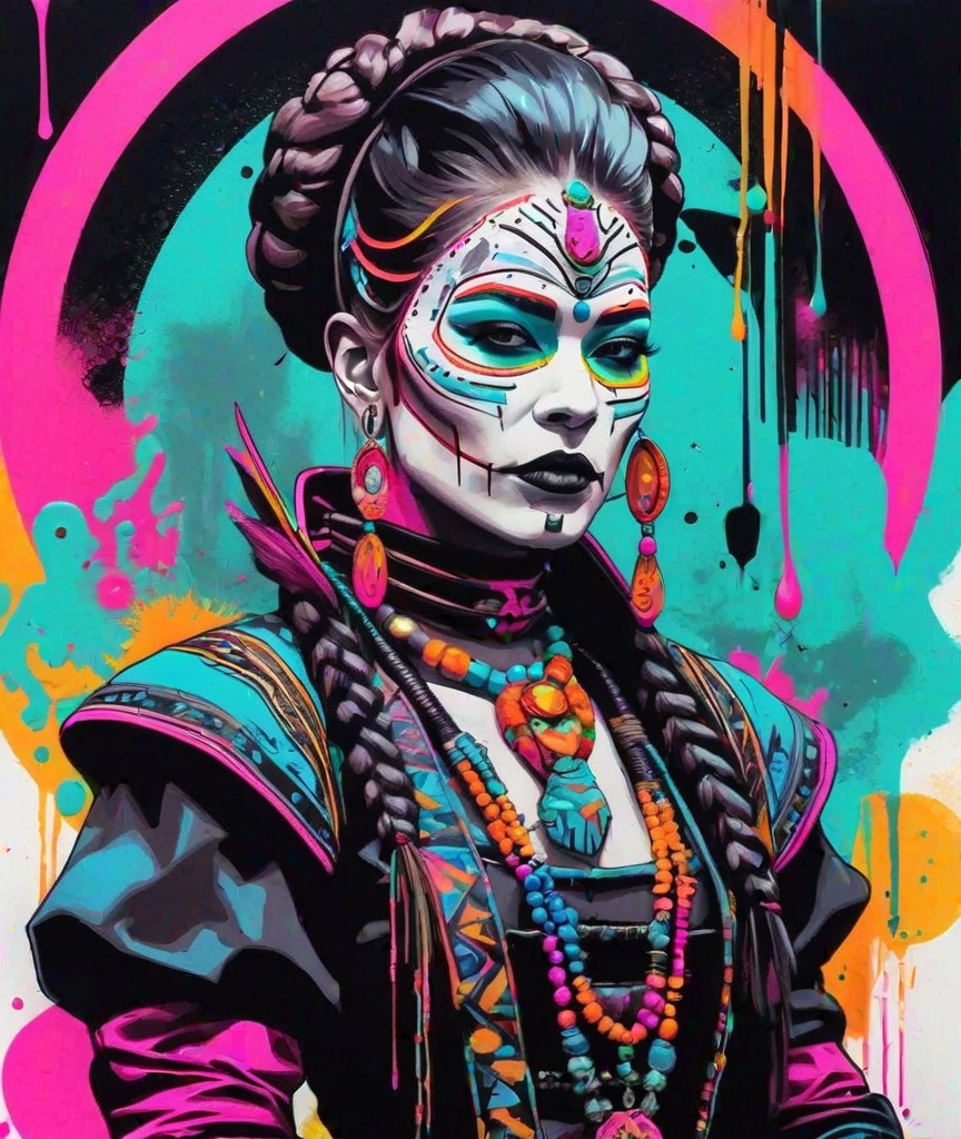 Prompt: sartorial cell shaded victoriancore shaman, she is a mysterious beautiful dark villain and rebell. excessive molecular bubble gum elements coloring, wild artful toxic neon biomechanic urban art smooth and elegant deep emotions strong expressions, negative space colorful ink painting