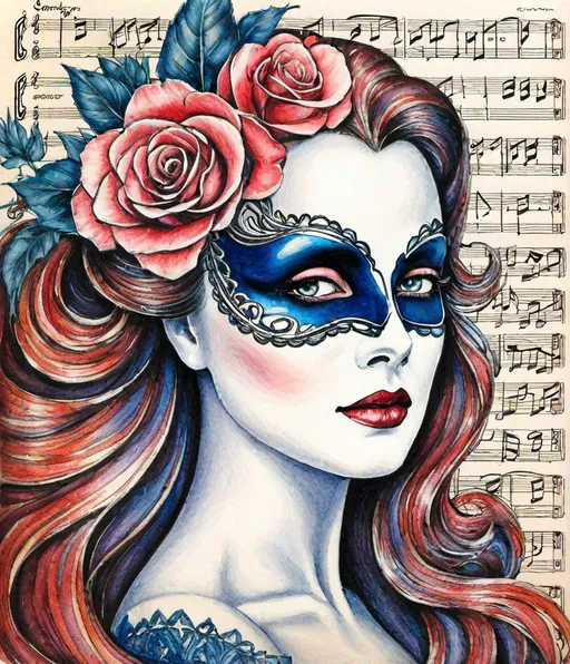 Prompt: The Phantom of the Opera, femme fatale, symphonic music sheet, colored pencil 