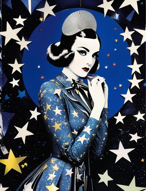 Prompt: vaudeville girl with asterism stars in fornasetti style, by laurie simmons and  Andy Gilmore