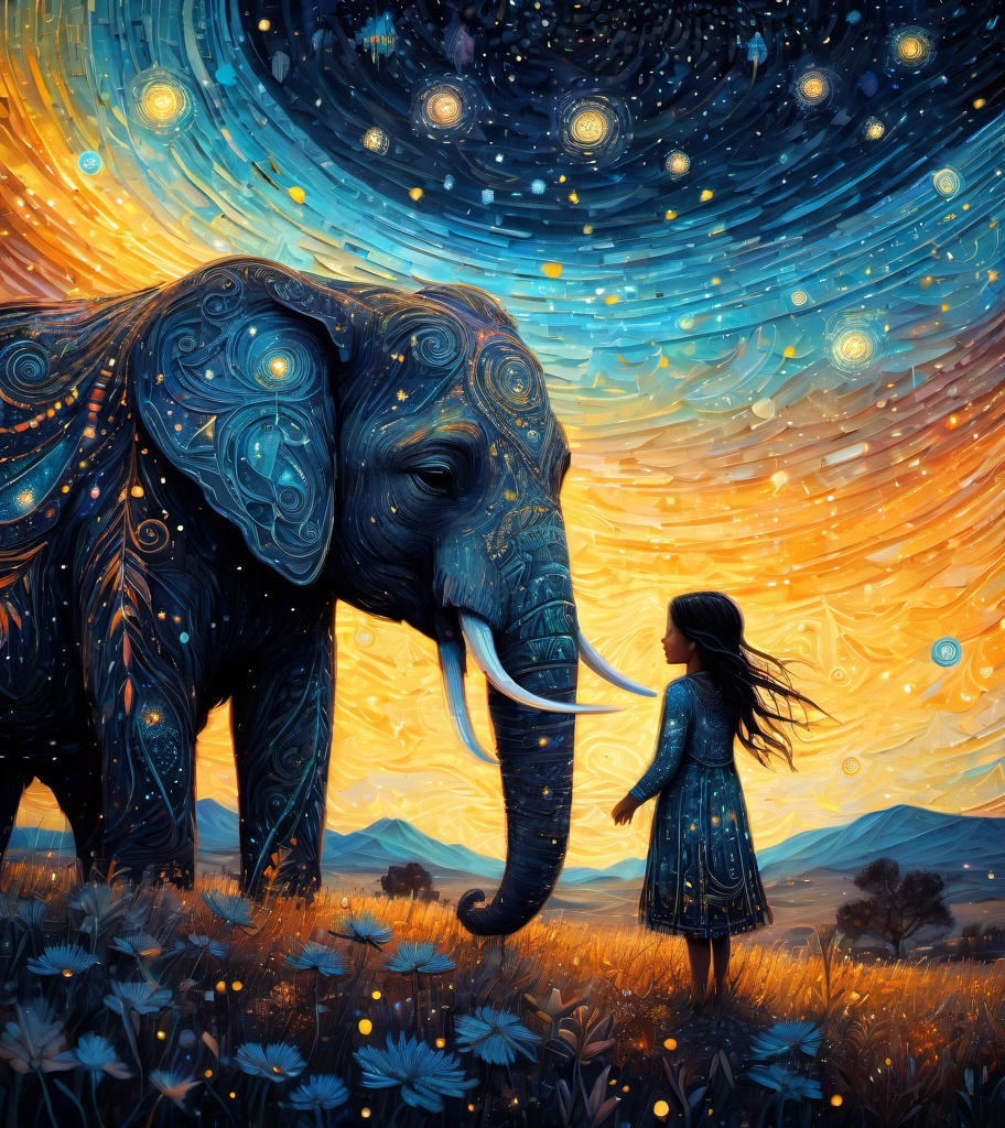 Prompt: The native american pretty girl wearing her starry clothes with her cute elephant friend. In style of james r eads,  Sam Toft, Anna dittmann, Justin Gaffrey, John Lowrie Morrison, Patty Maher, John Ruskin, Chris Friel, van Gogh. 3d, extremely detailed, intricate cinematic lighting, high definition 