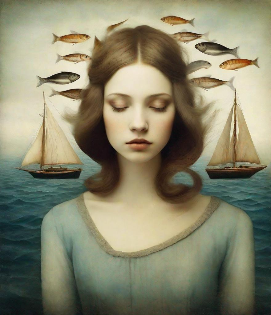 Prompt: In style of christian Schloe and daria Petrilli, a beautiful young lady with hair that flows like a sea with sailing boats and fishes in it. Double exposure, Naive art, extremely detailed, optical illusion, oil painting 