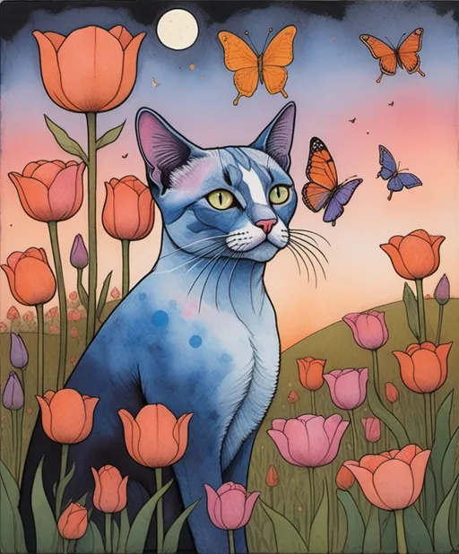 Prompt: Illustration art by Marc Johns, Javier Mariscal, Paolo Uccello, Monica Blatton, Luminous encaustic texture, gradient bold crossed colors, profile of an expressive beautiful cat looking up with a butterfly perched in its nose, in a field of tea rose and periwinkle tulips, piercing odd colored eyes, twilight sky.