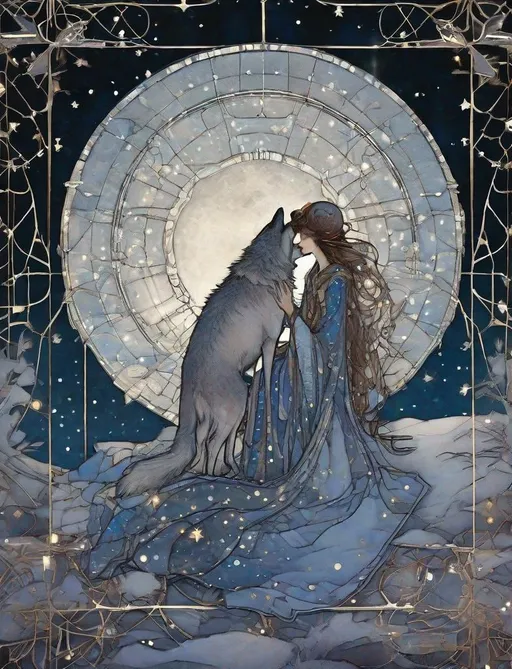 Prompt: the wolf of winter and the patchwork girl, a patchwork girl embracing the wolf, constellations, quiet and sad, Fantasy art by arthur rackham, by virginia frances sterrett, intricate detail, moonlight, color infrared photography, trending on artstation, stars, by gustav klimt, 16k, barbed wire constellations 