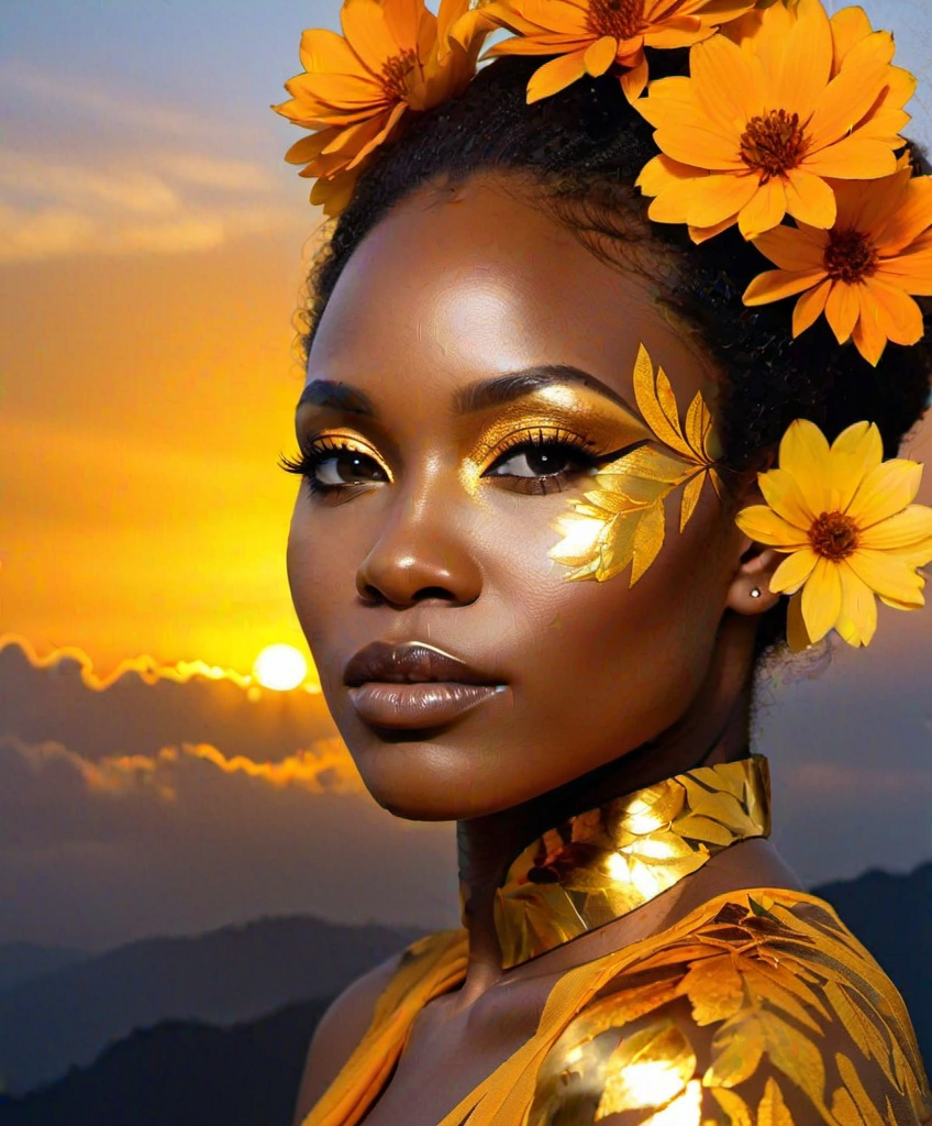 Prompt: double exposure, black Woman’s face, gold leaf skin, finish of africa's floral decoupage in face, yellow and orange, sunset, clouds and foggy,  photonegative refractograph 