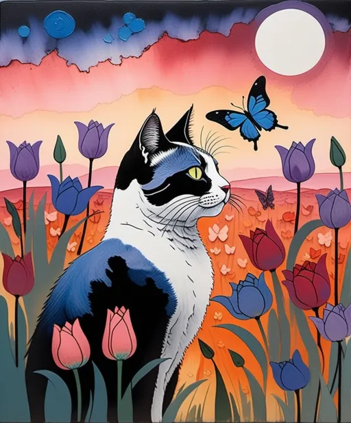 Prompt: Art by Don Hertzfeldt, Dean Crouser, Alfred Wallis, Luminous encaustic texture, gradient bold crossed colors, profile of an expressive beautiful cat looking up with a butterfly perched in its nose, in a field of tea rose and periwinkle tulips, piercing odd colored eyes, twilight sky.