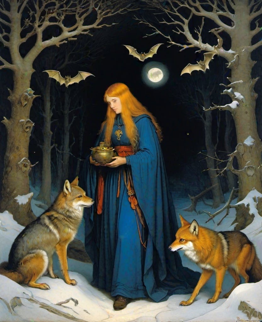 Prompt: Marianne Stokes, Gustav Dore, Albrecht Durer: On a winter's night, a beautiful sorcerer goes out to the wilderness to commune with the spirits of death and decay, bats, horned owls, wolves and ghosts, Mysterious