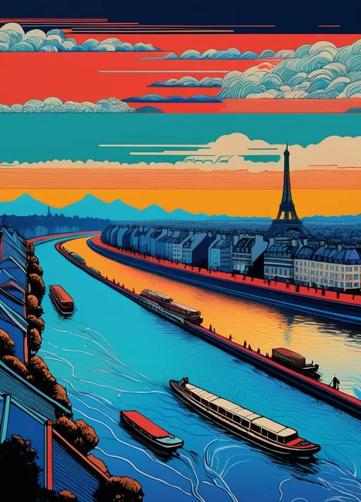 Prompt: Katsushika Hokusai: A unique ukiyo-e woodblock print depicting the Seine River in Paris, transformed through the lens of constructivist glitch art. Traditional Japanese scenery is merged with the fluidity of the Parisian river, incorporating intricate line work and subtle yet expressive use of color, all overlaid with digital glitch patterns, 3d,  imax quality visuals, ilm, weta digital, 32k uhd 