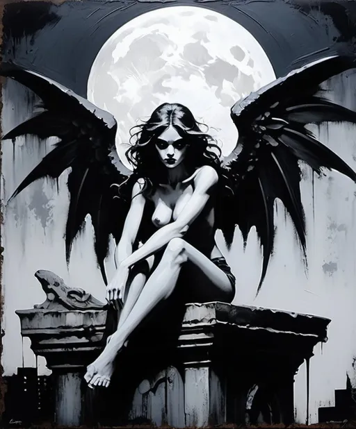 Prompt: La darling fallen angel girl Gargoyle, moonlight, Tim Bradstreet, Gloomy atmosphere abstract art painting, Gritty texture, lose brushstrokes impasto, white black