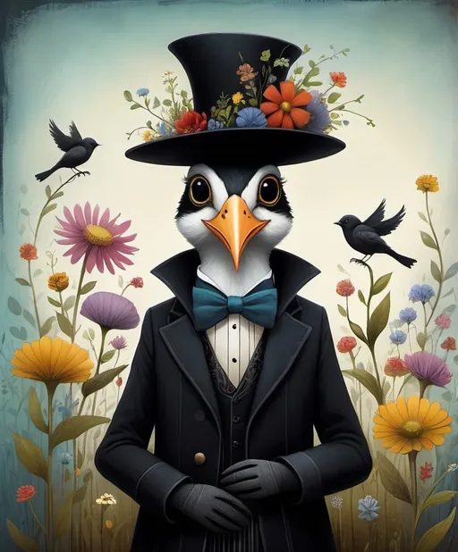 Prompt: A whimsical portrait of an anthropomorphic bird wearing oversized, dark attire and a pointed hat adorned with wildflowers, focusing on the face with a detailed background, in the style of Gabriel Pacheco, Iwona Lifsches and Tim Burton.