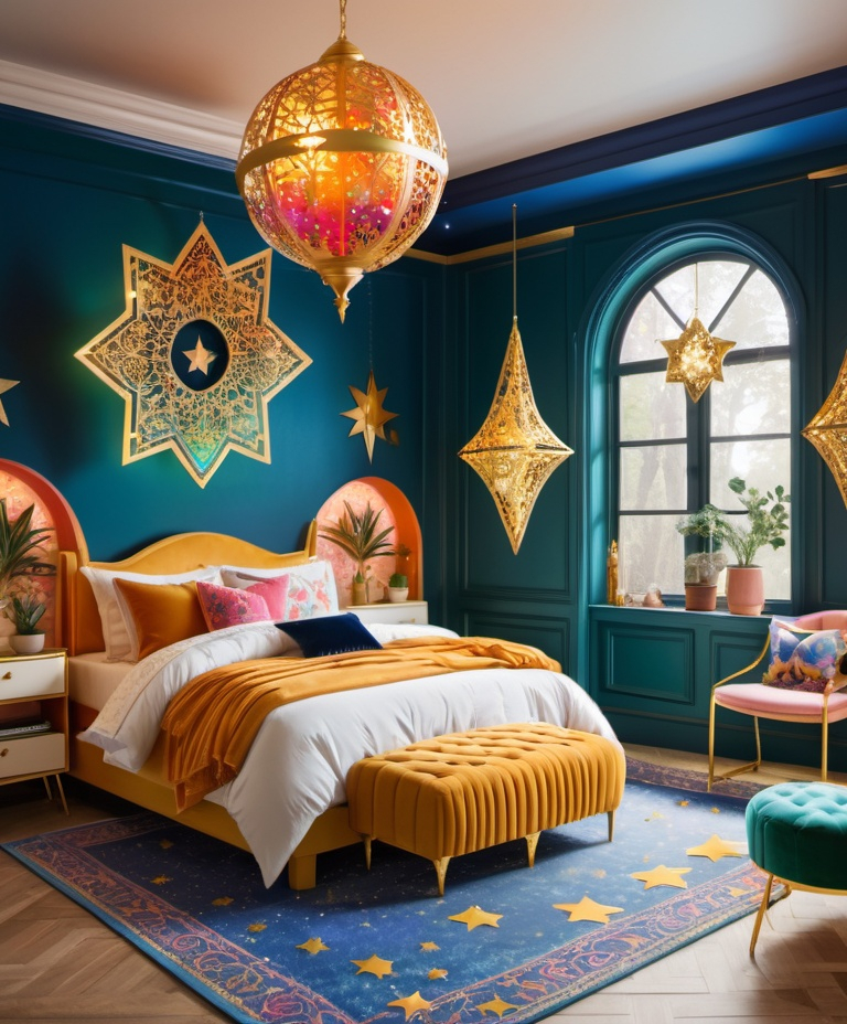 Prompt: A colorful bedroom with star lights hanging above it, in the style of intricate cut-outs, fairycore, gold leaf accents, fine detailed, detailed and intricate, retro charm, alayna lemmer 