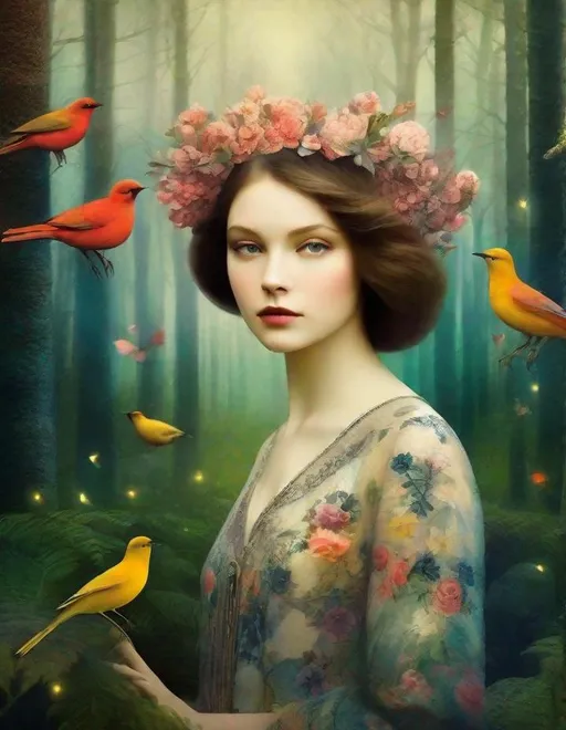 Prompt: Lovely pretty beautiful young lady, beautiful face, in a magical whimsical fashion forest in bloom art art by  Christian Schloe, Yves Saint-Laurent, Yulia Brodskaya, Edward Julius Detmold, Paolo Roversi, Thomas Edwin Mostyn, Hiro isono, James Wilson Morrice, Axel Scheffler, Gerhard Richter, pol Ledent, Robert Ryman. Guache Impasto and volumetric lighting. Mixed media, elegant, intricate, beautiful, award winning, fantastic view, 4K 3D, high definition, hdr, focused, iridescent watercolor and ink