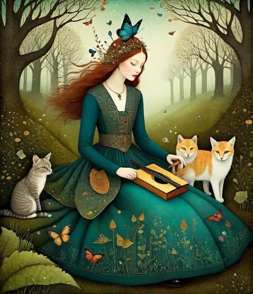 Prompt: Style by Anastazja Markowicz, Catrin Welz-Stein, Dee Nickerson, Kathleen Lolley: The wandering beautiful mythical  mage, she plays a whimsical tune to enchant the animals, whimsical, Vivid colors, beautiful, dreamy. 