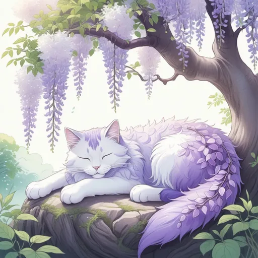 Prompt: A serene manga illustration of a gentle monster, resembling a giant cat, sleeping under a wisteria tree in full bloom. Soft lines, pastel colors. Created Using: manga-style soft shading, delicate linework, pastel color palette, peaceful expression, dreamy atmosphere, fluffy fur texture, detailed wisteria blossoms, tranquil setting 
