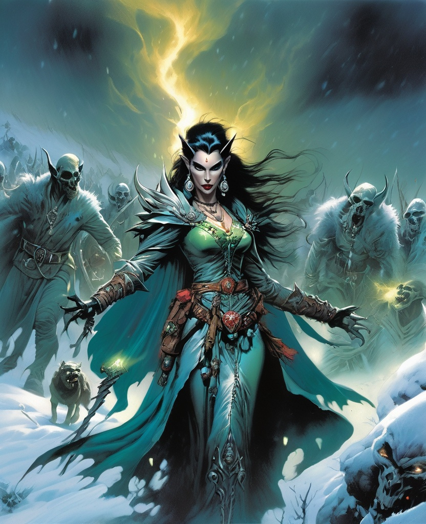 Prompt: a divine godess elf necromancer from the void, jewelry, earrings, evil, with a horde of zombies in tundra, haze, snow storm, comic style by boris vallejo 