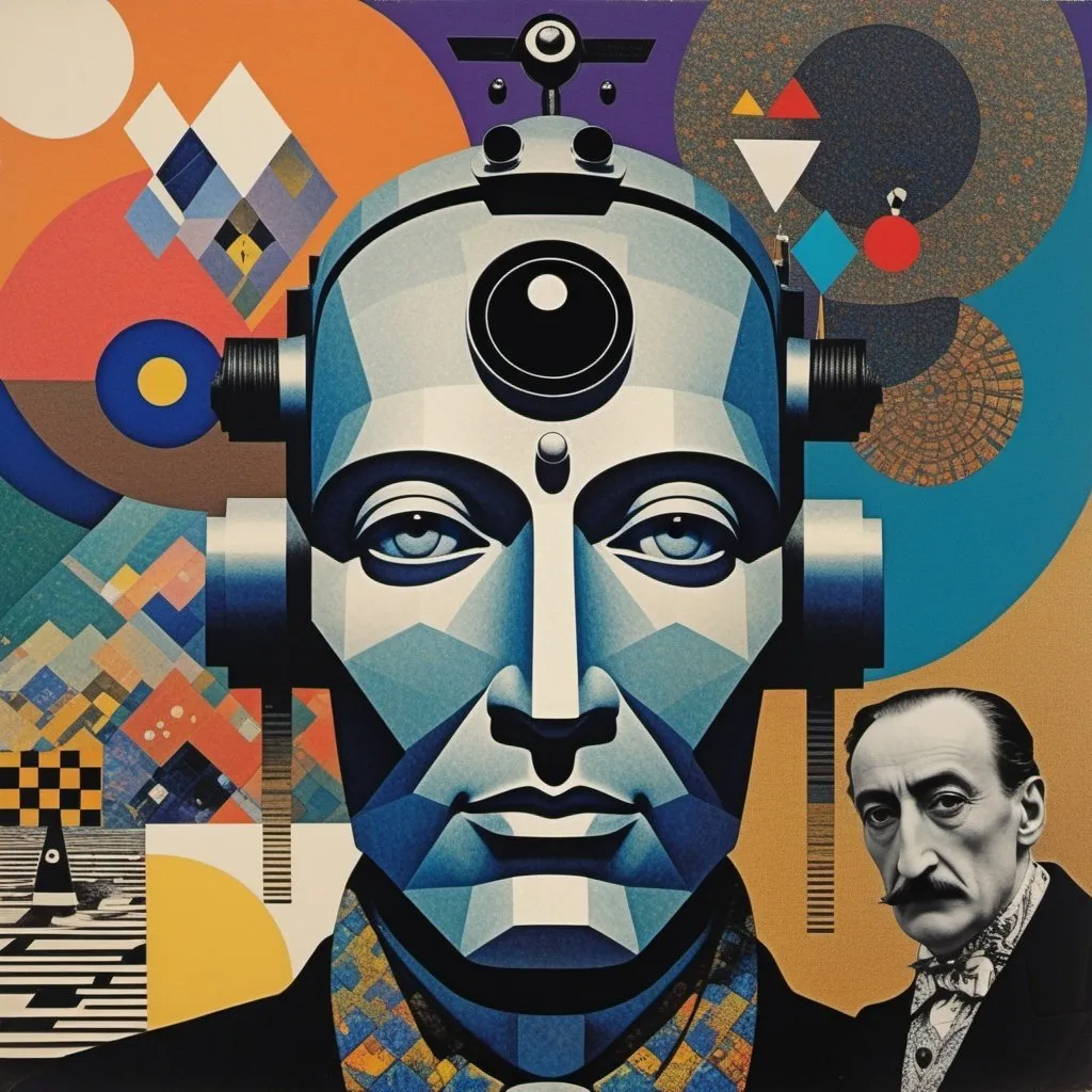 Prompt: psychedelic surrealism, robot, textured patterns, impossible depth, Henri-Edmond Cross, Klimt, Dali, Pierre Soulages, collage of miscellaneous ephemera