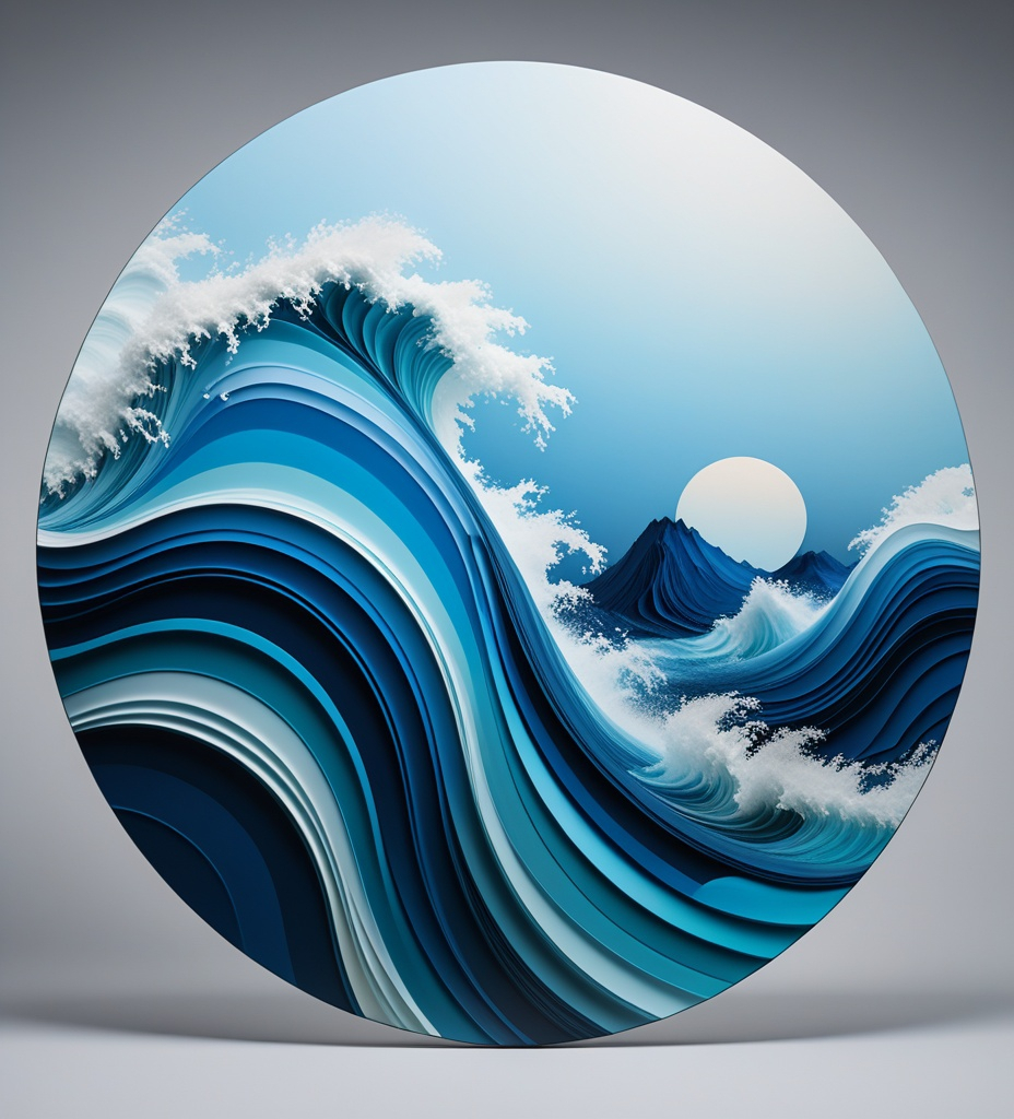 Prompt: vulcano , hokusai an abstract visual representing a blue wavy shape,chalcedony in the style of nicolas bruno, circular shapes, bold chromaticity, data visualization, john pawson, depth of layers, interactive artwork
