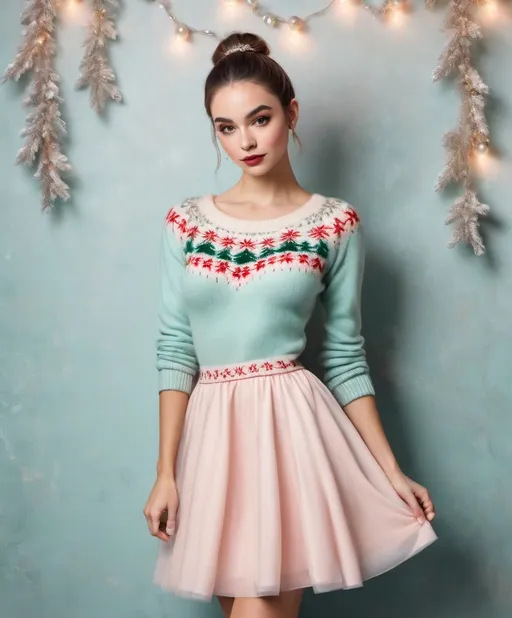 Prompt: a gorgeous ballerina with a ugly Sweater dress , soft colored,lush aesthetic