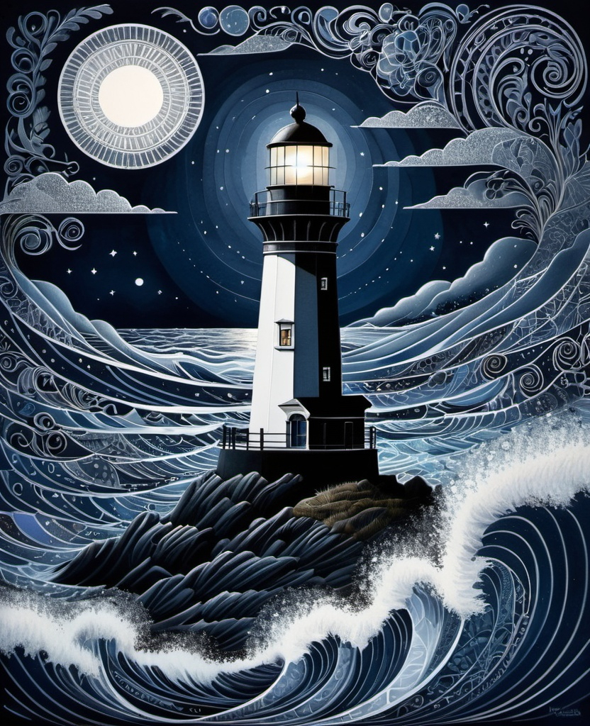 Prompt: night time drawing drawing lighthouse in the void, in the style of intricately detailed patterns, light indigo and silver, jane newland, precise nautical detail, spectacular backdrops, palewave, cosmic symbolism 