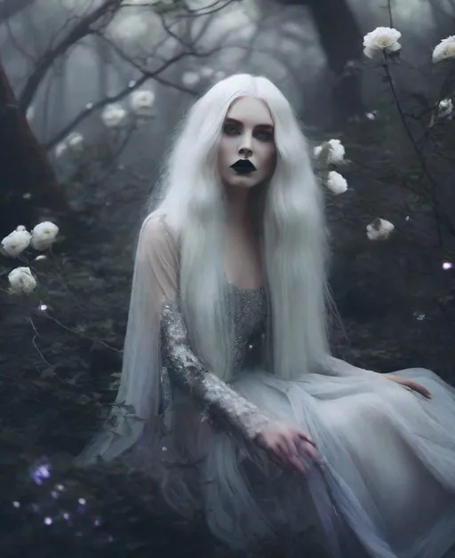 Prompt: Eerie beautiful diaphanous forest mage, floating long platinum white hair, porcelain skin, beautiful eyes, black lipstick, ethereal silver shimmering clothes, surrounded by ghostly beautiful flowers forest illuminated by a night rim lighting through the trees, foggy art by Monia Merlo, Sarah moon, Agnieszka Lorek, John Larriva, William Oxer, Nickolas Muray, Inna Mosina, Angus McBean, elsa Bleda, Elger Esser. Ethereal foggy background, chiaroscuro lighting, Mixed media, 3d, extremely detailed, intricate, high definition