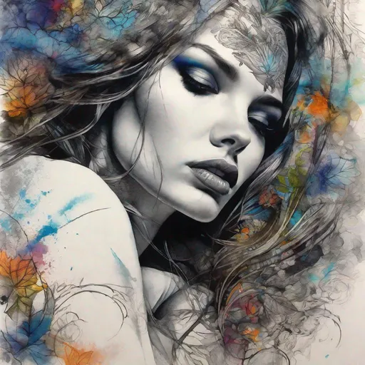 Prompt: Female beauty Art by Gabriel Moreno, through graphic and elegant image, Crayon lines that show beauty and hide fragility, fear, ephemeron, sensuality, and tattoo lines, coursing through the skin of the figure and revealing what its beauty hides. Mixed media, Highly detailed, intricate, beautiful, high definition, fantastic view. 3d, Watercolors and Ink, intricate details, volumetric lighting