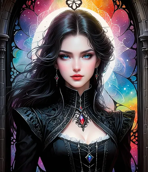 Prompt: a zentangle ferrotype portrait of In a gothic galaxy castle a vampire gazes through a window at the ethereal magic layers swirling in the vivid rainbow solar night in the style of luis royo 