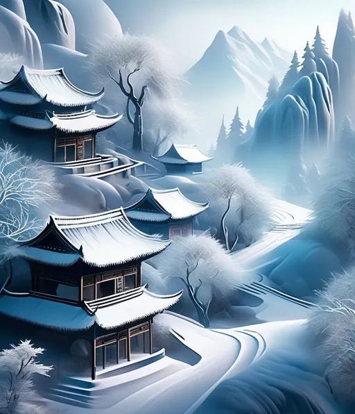 Prompt: surreal, portrayal of beautiful mountain village in a traditional, magical, frost. Dreamy ethereal mood, Trees with veins, forming frost, chinese style, volumetric lighting 