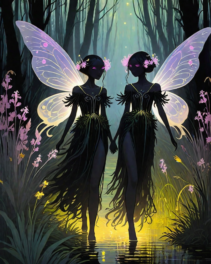 Prompt: tiny will-o'-the-wisp girls with moth wings glowing in the dark dance enticingly over a narrow path through a treacherous swamp, overgrown with lush reeds, yellow irises, pink wild rosemary and white flowering meadowsweet; black silhouettes of creepy monsters and their eyes can be seen behind the plant stems