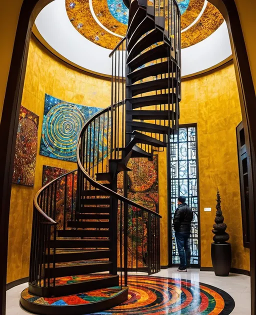 Prompt: spiral staircase spaceship into the void : Beniamino Bufano totem:: Gustafson Klimt kiss spirits:: keep making wishes Atreu