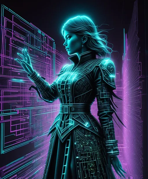 Prompt: wireframe hologram graffiti poster of a ghostkeeper rogue lady in tease pose, trompe l’oeil, glitch fashion, void, deep perspective, depth, circuit board art 