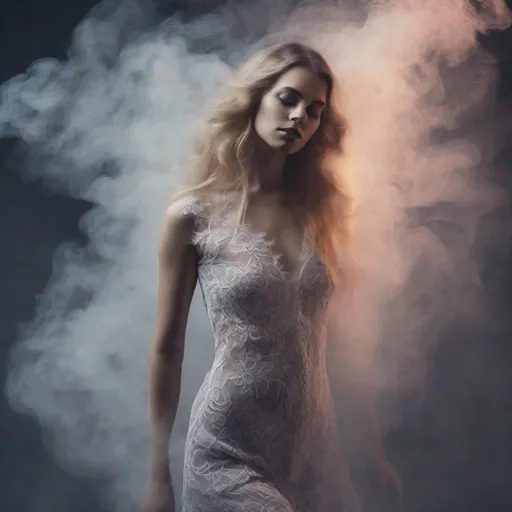 Prompt: Beautiful woman, twilight luminous fennel lace fashion, full body, dissolving into prismatic smoke