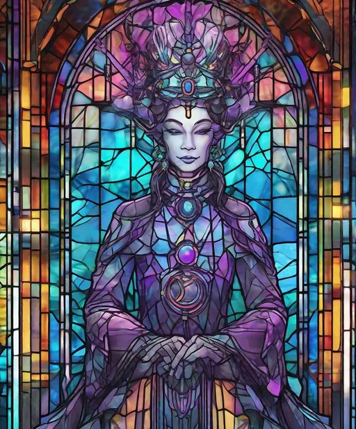 Prompt: wireframe hologram graffiti poster with harmonic colors and organic shapes of a evil biopunk empress in tease pose, trompe l’oeil, stained glass, vortexcore, bokeh, deep perspective, depth, metamorphic, enigmatic 