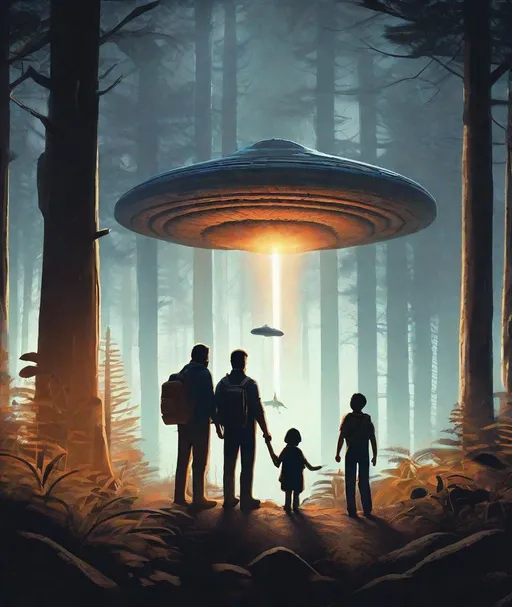 Prompt: A family in a cozy hardened home watch on prehistoric safari a carboniferous forest with prehistoric animals in the art style of kevin keele, a cigar-shaped ufo can be seen in the distant observing, photorealism, extremely long shot from a distance, extremely heavy atmospherics and moody lighting, parallax, rim lighting, 3 point lighting, volumetric fx, subsurface scattering, raytracing, specularity and depth, imax quality visuals, ilm, weta digital, multi-sample antialiasing, 32k uhd 