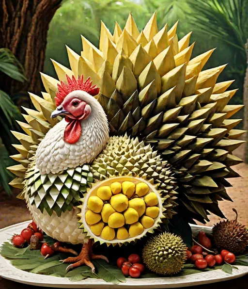 Prompt: A surreal depiction of a 'Durian Turducken'. Dreaming background landscape, Imagine a large, stylized turkey with a surrealistic twist. As the turkey is sliced open, it reveals layers of a duck and then a chicken, each progressively smaller. Within the innermost layer, the chicken, there's an unexpected core: a durian with its spiky exterior and creamy interior. This bizarre combination creates a striking contrast between the poultry and the exotic fruit. The background is whimsical and dreamlike, enhancing the surreal and imaginative nature of the concept. --no depth of field