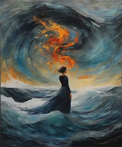 Prompt: style of Kathy Fornal, Andy Gilmore, Alma Thomas, Anna Kovecses, Emma Lewis, Alan Moir: This beautiful woman, Amidst the storm raging within her soul, there flickers a tiny ember of resilience, a whisper of defiance against the tide. She reaches out to grasp onto fragments of light, to weave them into a tapestry of hope. A beautiful surreal, imaginative portrait, use rose gold patina and silver cracked torn paper effect to give the rendering background a beautiful deep coloring, teal and soft peach splatter as an