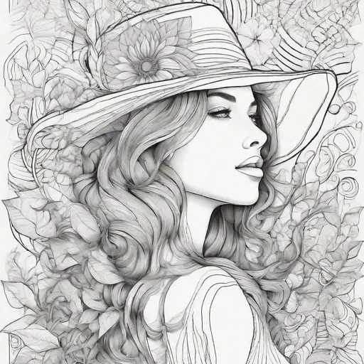 Prompt: coloring pages for adults, Fibonacci sequence and beauty, feminine, lovely young woman with a spectator hat and an orange flower portrait, intricate textures, organic beauty with leaves and vines, lively and vivid, dynamic composition, in the style of Simple drawing, Zigzag lines, High Detail, Geometric background, Black and white, No Shading