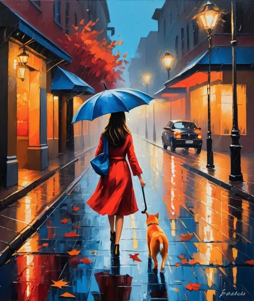 Prompt: A textured oil painting depicting a girl wearing a red Peach dress and blue scarf walking in the rain at night while holding a blue umbrella, accompanied by street cat. The background street is illuminated by a warm glow from streetlights, reflected on the wet pavement mingling with vibrant fallen leaves. The style is impressionistic, with heavy, visible brushstrokes and a rich, contrasting color palette dominated by shades of blue, gold, and hints of red. The setting appears to be in an urban environment with building silhouettes in the background.