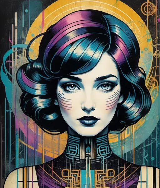 Prompt: pin up Goddess of Ghastly glitchpunk, style raw, Lithography print, fine lines, gradient colors, piercing odd colored eyes, Javier Mariscal and Charles Rennie Mackintosh style, encaustic texture.